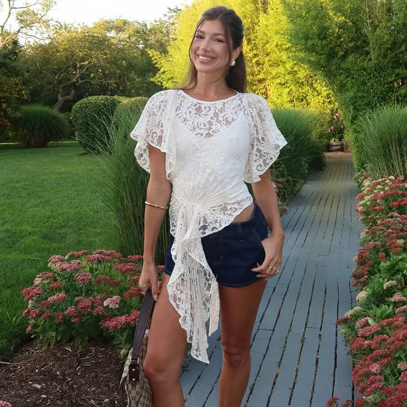 

Talenza White Lace T-Shirt Fashion Lace Hollow Patchwork Bandage Irregular Top High Street Casual Vacation Party Women T-Shirt
