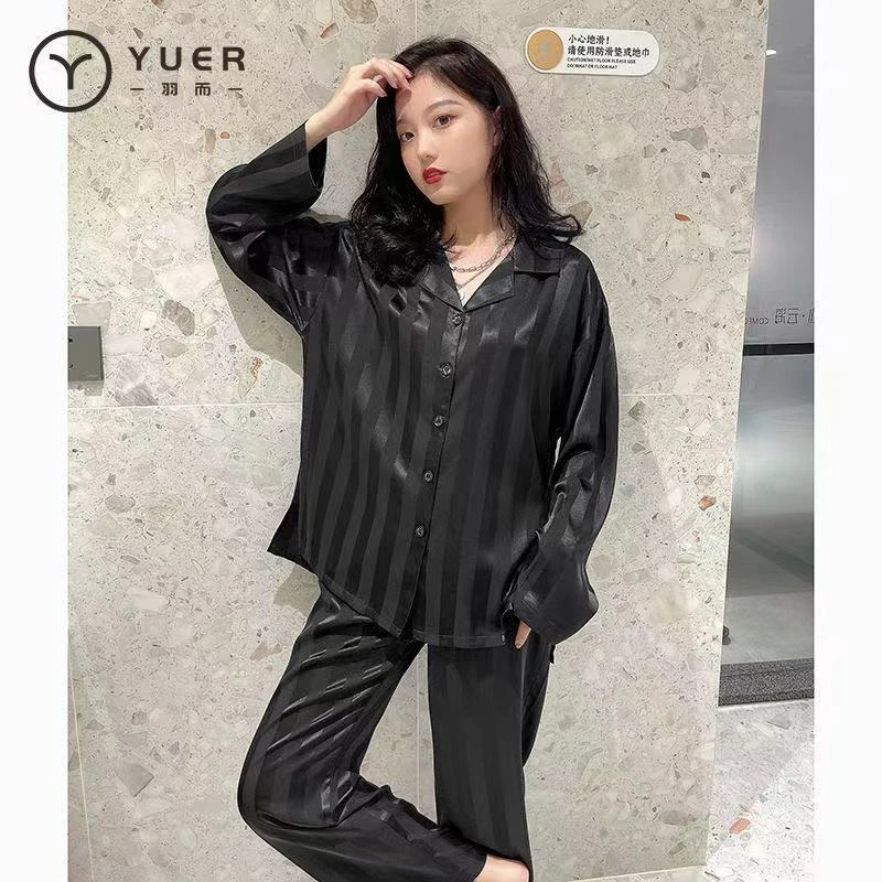 5XL plus size spring and autumn silk women's pajamas striped jacquard simulation silk pajamas women's long-sleeved homewear suit