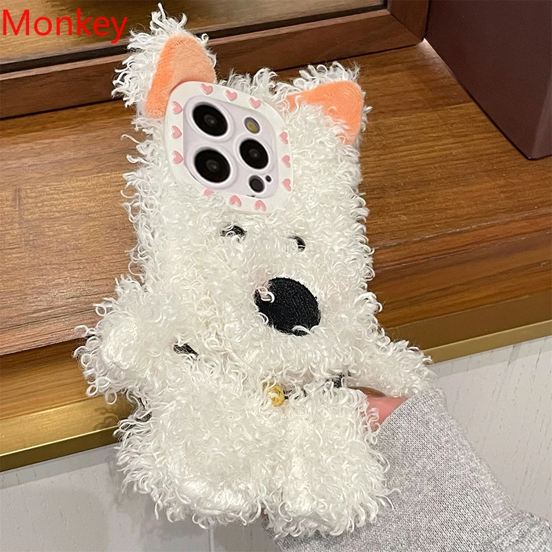 3D Cute West Highland Dog Fluffy Plush Phone Case For iPhone 16 Plus 15 Pro Max 14 13 12 11 Warm Winter Soft Silicone Back Cover