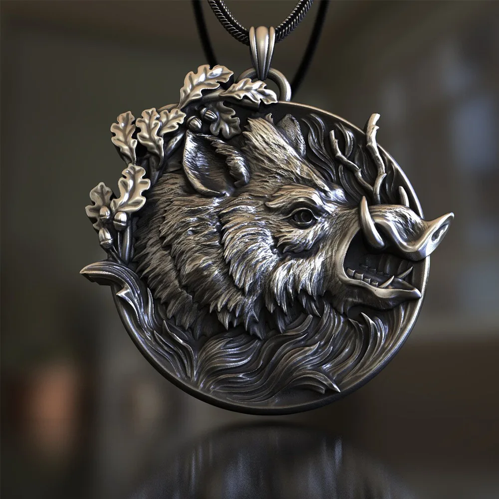 Nature Enthusiast Flower Vine Stainless Steel Wild Boar Round Necklace Men's Fashionable Animal Necklace Hip-hop Street Necklace