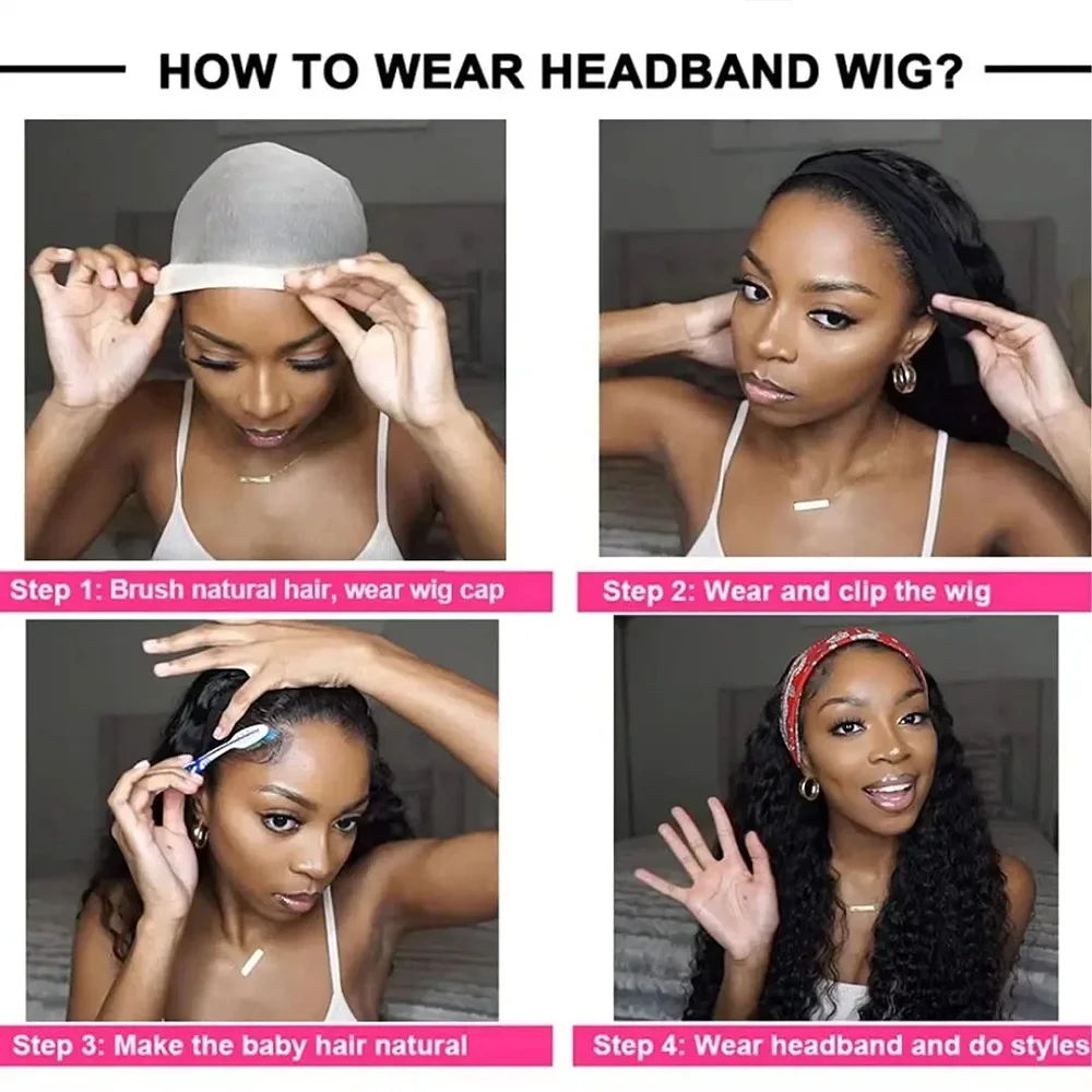 10-14 Inch Deep Wave Headband Wig Human Hair Curly Headband Wigs For Women Short Bob Wig Full Machine Made No Glue Under $40