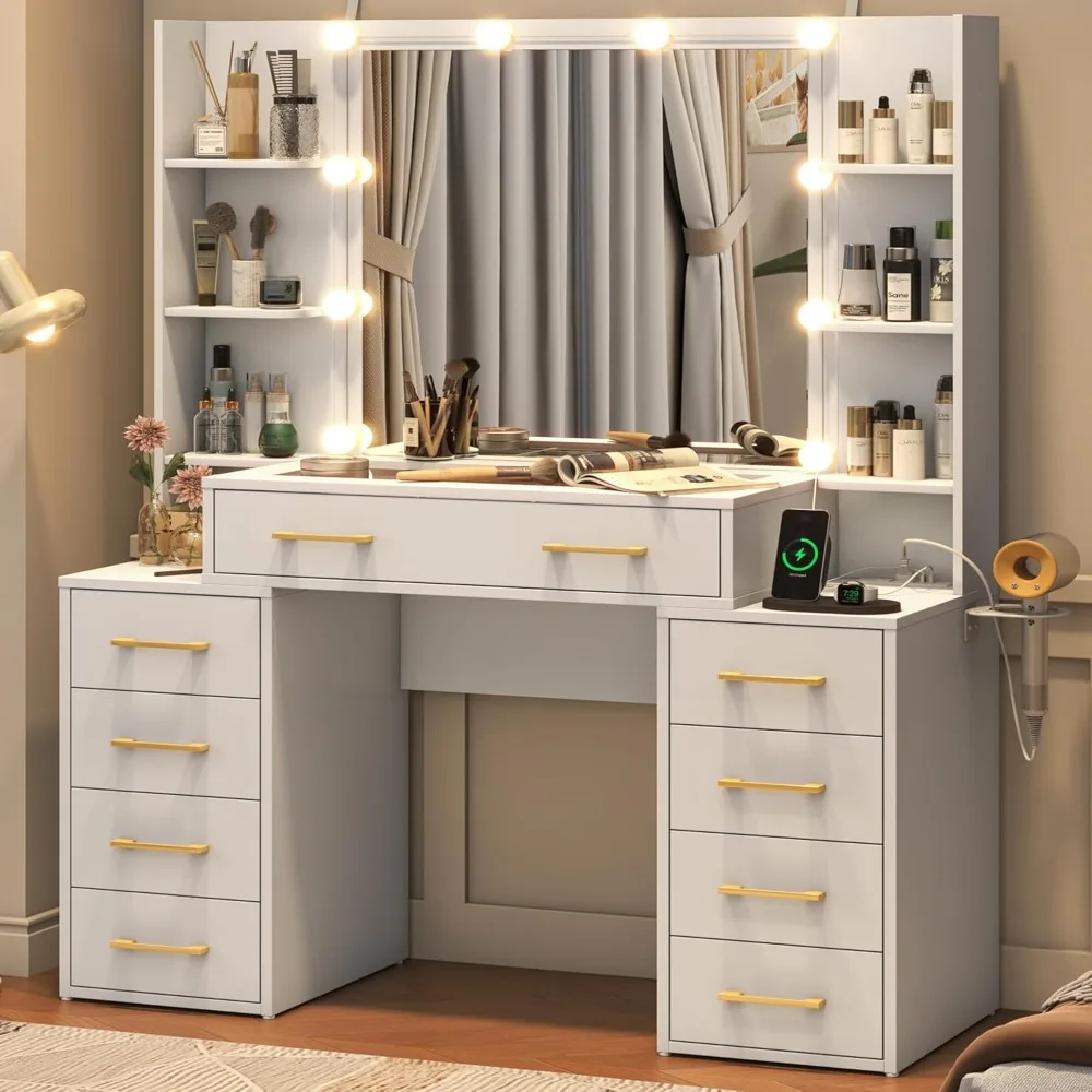 

Glass Top Vanity Desk with Mirror and Lights, Large Vanity Makeup Mirror Desk with Charging Station Compartment Storage Drawers,