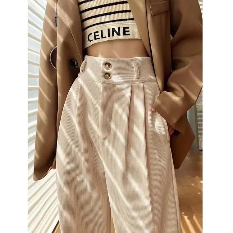 Off White Corduroy High Waisted Wide Leg Pants For Women In Autumn And Winter Straight Leg Pants With A Hanging Feel