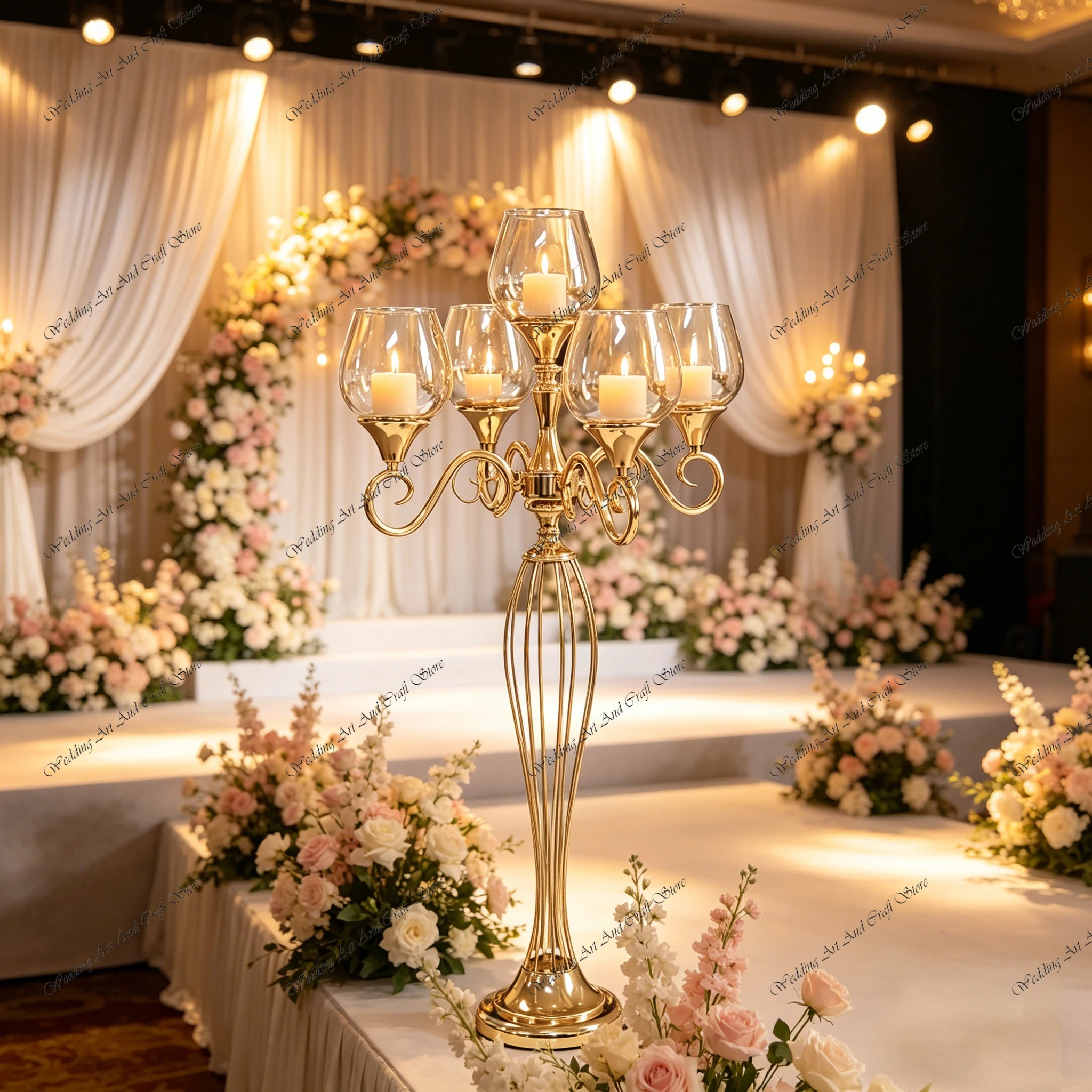 4pcs f30 107cm 5 Arms Gold Globe Candelabra Candlestick Tealight Holder for Wedding Christmas Easter Table Centerpieces ivy1020