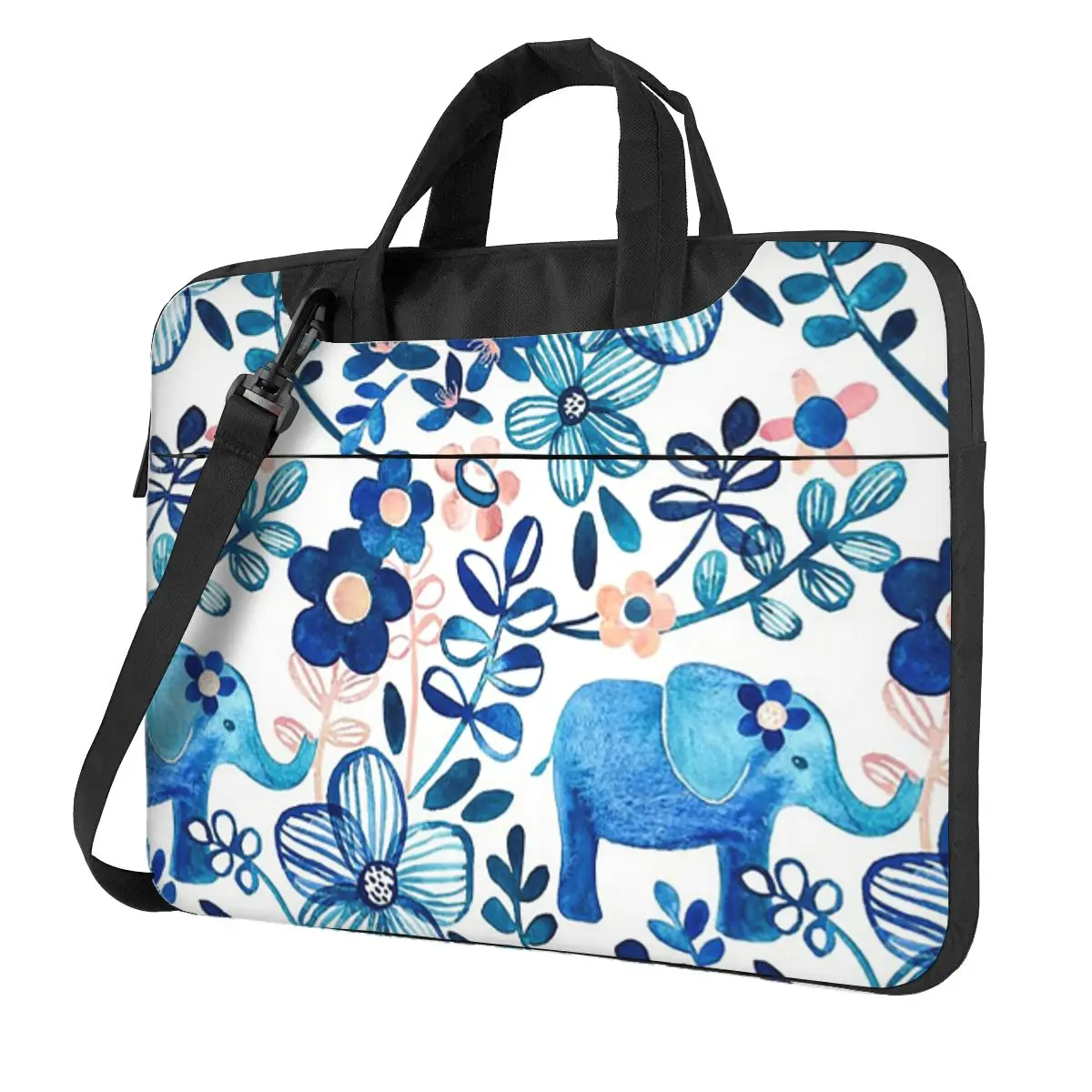 

Румяно-розовый, белый и синий слон и цветочный акварельный чехол для ноутбука через плечо, сумка для компьютера 13, 14, 15,6-дюймовая сумка для ноутбука