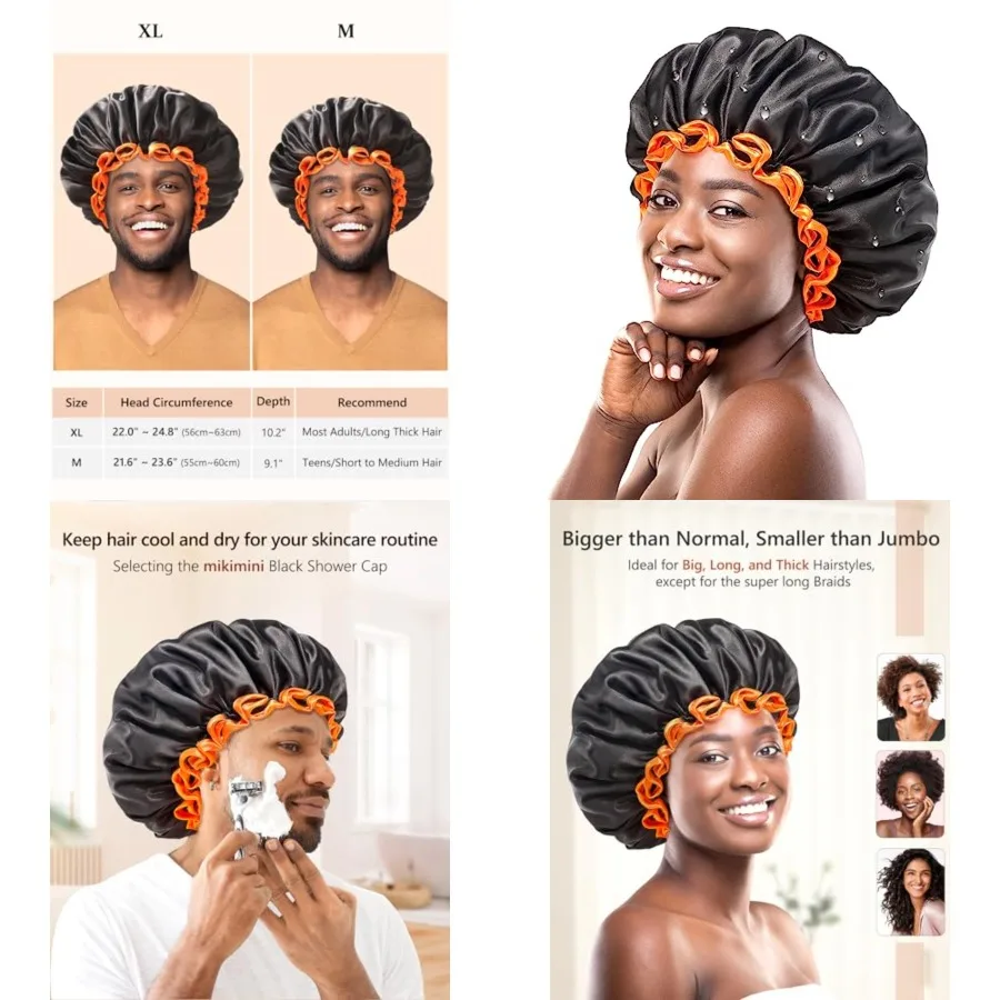 

Large Shower Cap for Women Long Hair, Black, Reusable Waterproof Double Layers XL Washable Colorfast Odorless High-Quality Show