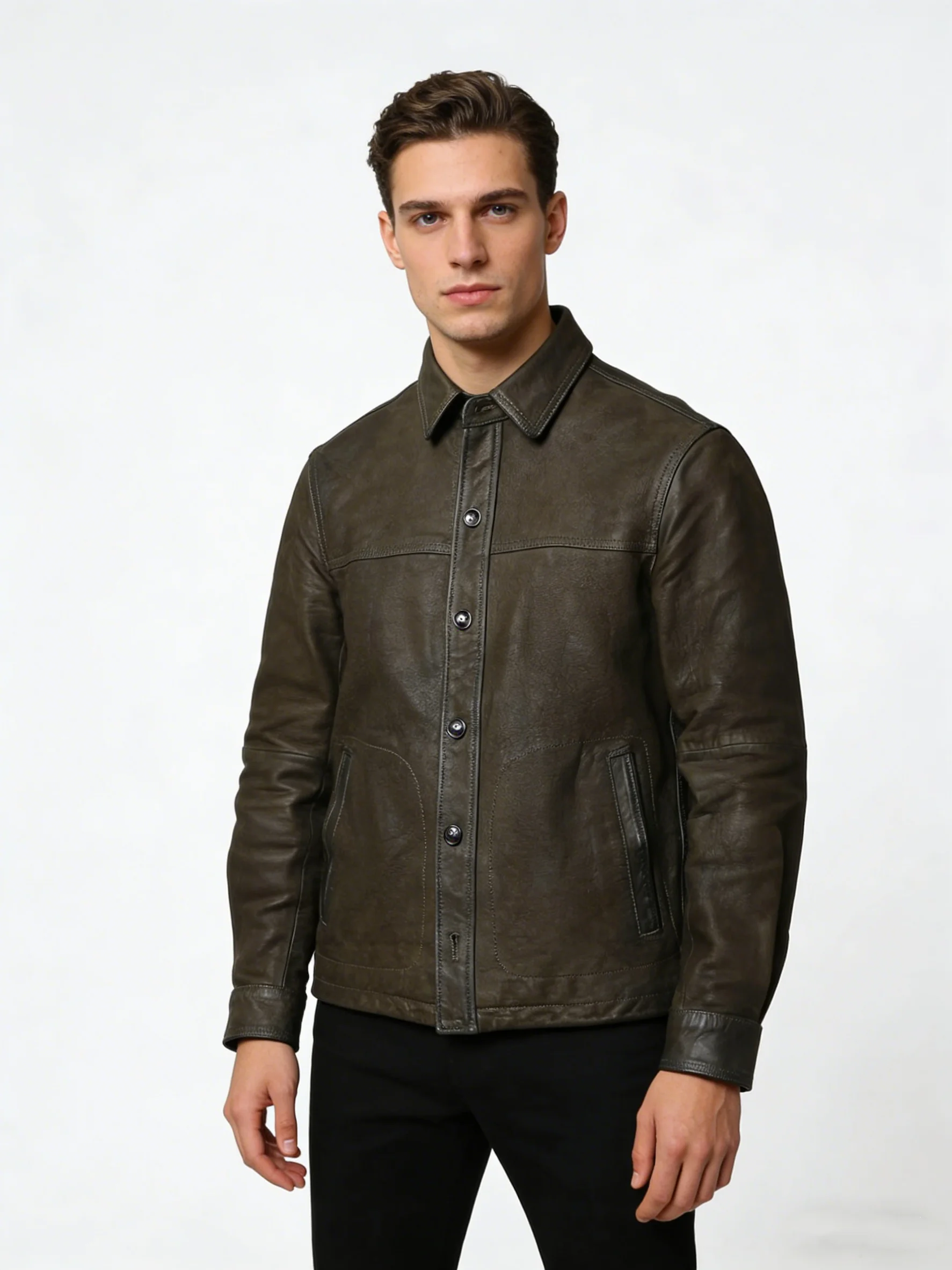 Genuine Natural Sheepskin Turn-Down Collar Single Breasted Coat Dark Green Spring Leather Shirt Men Vintage Style Plus Size 4XL