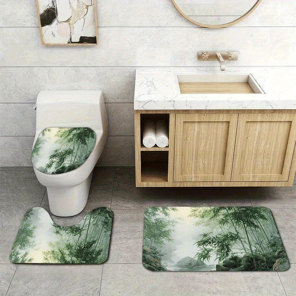 

3pcs Super Soft Bathroom Floor Mats Set, Absorbent, with Non-slip Backing, Serene Bamboo Forest Print Suitable for Bathroom