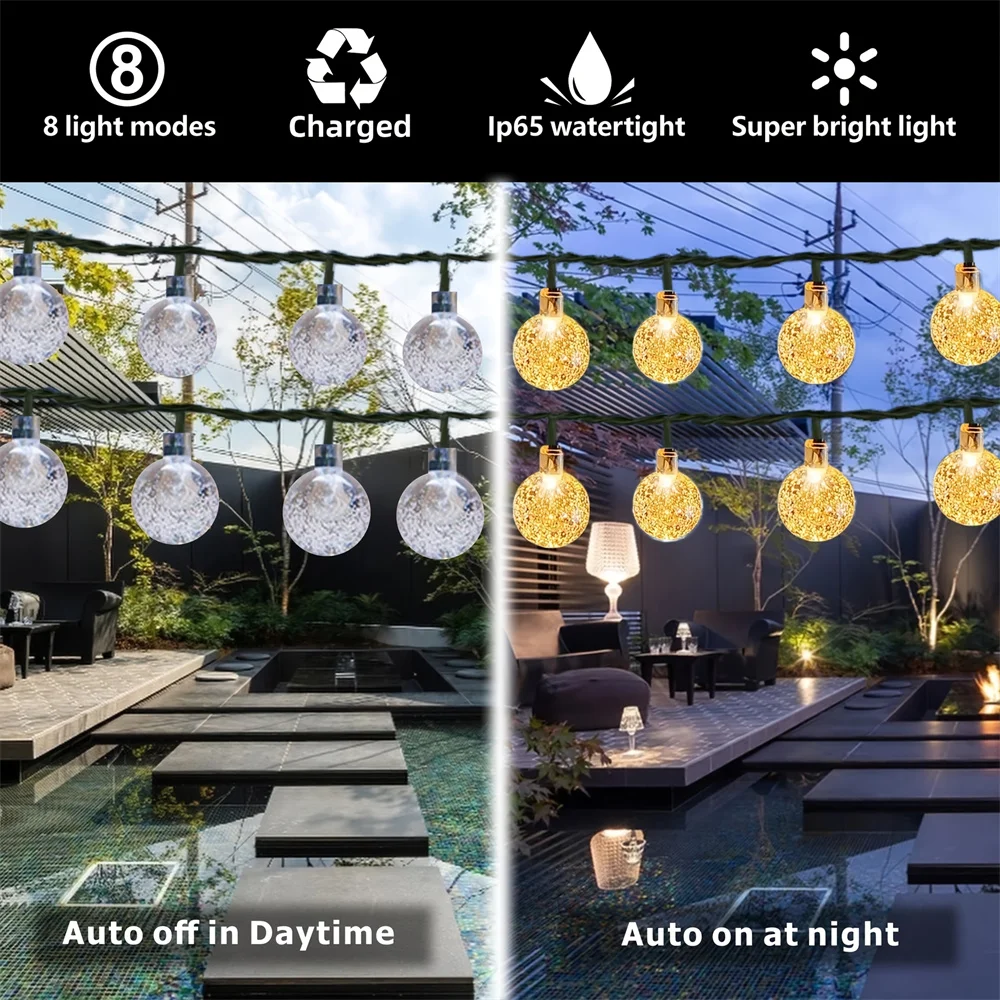 Solar Powered Crystal Ball String Lights 20 50 100 LED Perfect For Outdoor Camping Festivals Thanksgiving Christmas Decor