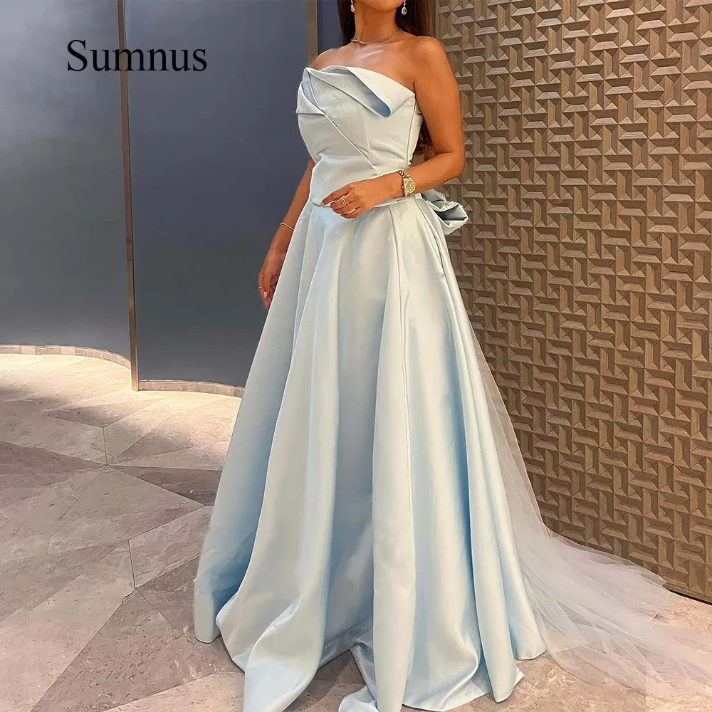 

Sumnus Sky Blue A Line Evening Ball Gowns Detachable Bow Strapless Draped Satin Event Prom Dress with Train Formal Women Gowns