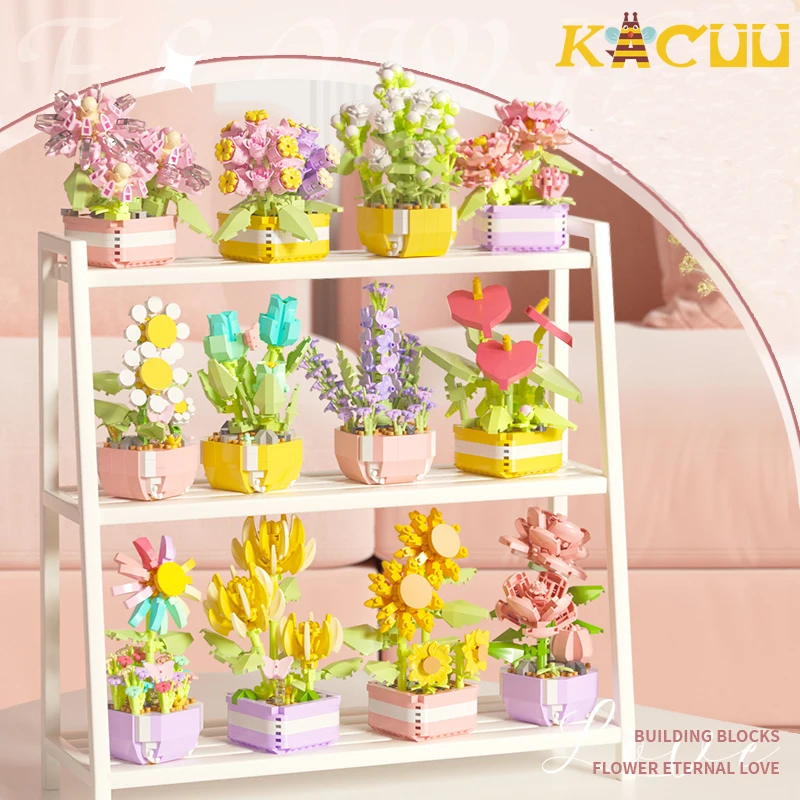 Perpetual Bouquet Tulip Flower Building Block 3D Model Home Decoration Plant Potted Assembly MOC Bricks Valentine Children Gifts