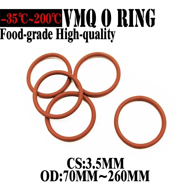 10pcs VMQ O Ring Seal Gasket Thickness CS 3.5mm OD 70~260mm Silicone Rubber Insulated Waterproof Washer Round Shape Nontoxic Red