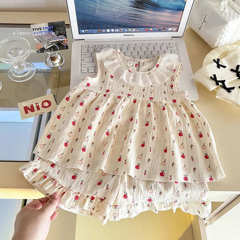 New Girls Summer Clothes Set 1-9T Sweet Floral Lace Kids Sleeveless Shirt+Shorts Cute Apple Children Outfit 2PCS