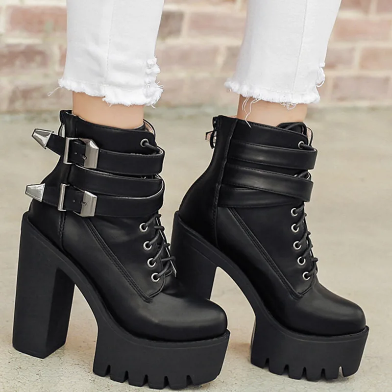 

Korean Version of High Heel Boots Women's Waterproof Platform Thick Heel Platform Ankle Boots Single Boot Buckle Strap