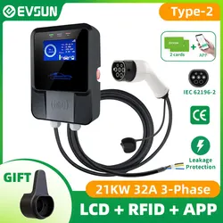 EVSUN estación de carga EV 32A para vehículo eléctrico cargador de coche EVSE Wallbox Wallmount 7/11/21KW Cable tipo 2 Control por aplicación IEC62196