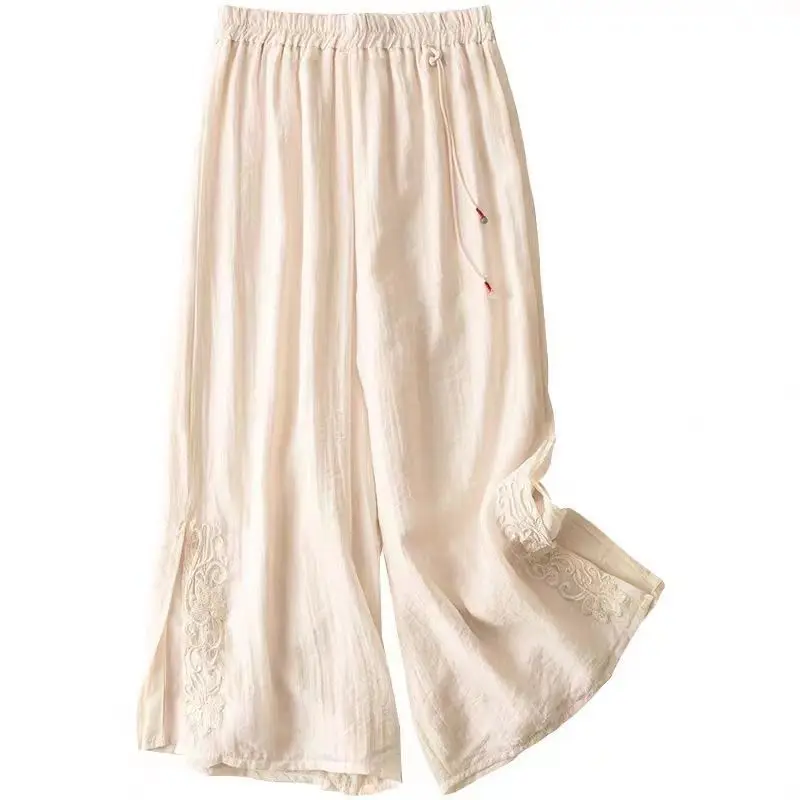 女性用サマールーズレトロ刺繍入りコットンリネンカジュアルパンツ