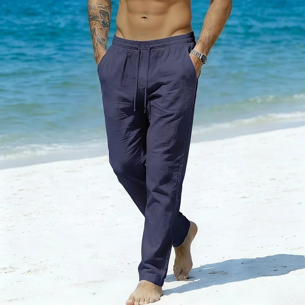 Herren Freizeithose aus Baumwolle und Leinen, Leicht und Atmungsaktiv, Einfarbig mit Geradem Bein und Elastischem Bund, Klassische Herrenhose – Detail 8