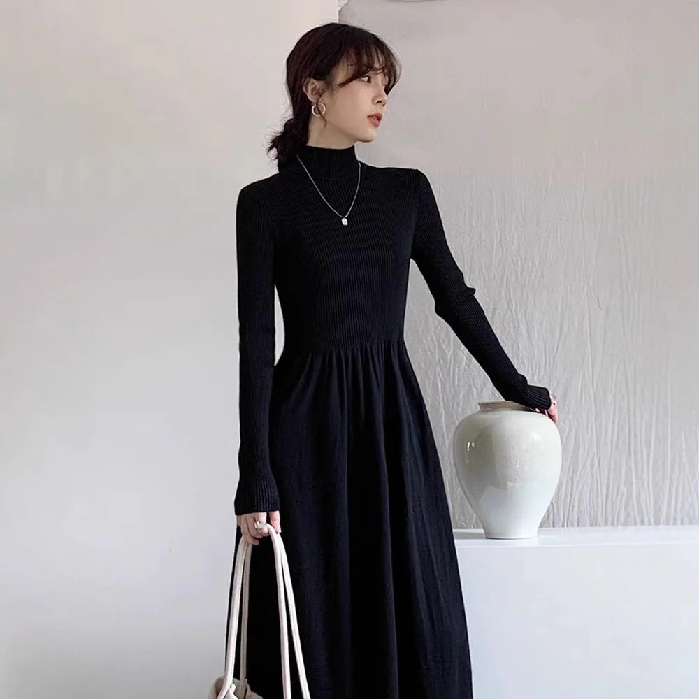 Francês preto malha camisola vestido novo cabido gola alta ruched emendado a linha vestido feminino versátil na moda camadas peça outono