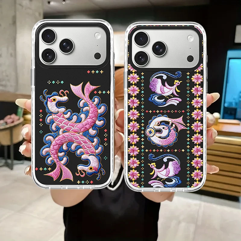 Embroidered Flower Fish Dragon Pattern White Border Magnetic Phone Case Cover for IPhone 12 13 14 15 16 17 18 Pro Max Case