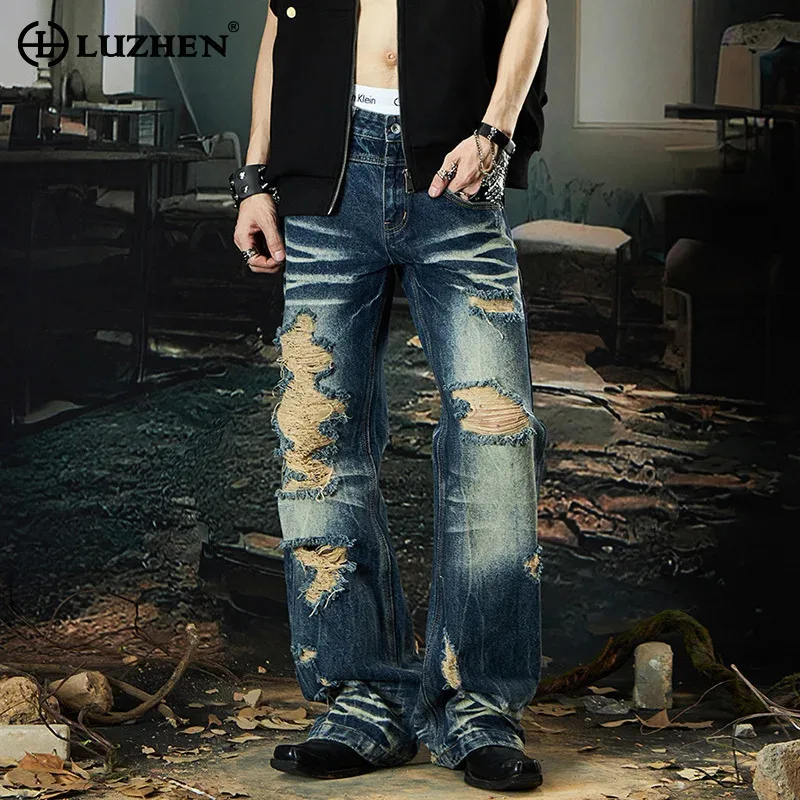 

LUZHEN Personalized Broken Hole Patched Design Straight Jeans Street Wear 2025 New Trendy Original Washed Men Denim Pants JY1948