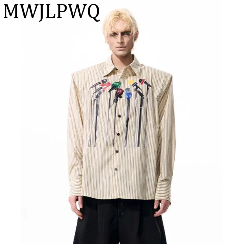 

MWJLPWQ Vertical Striped Long Sleeve Shirt For Men Autumn Printed Design High Street Men's Padded Shoulder Tops New Trendy 12118