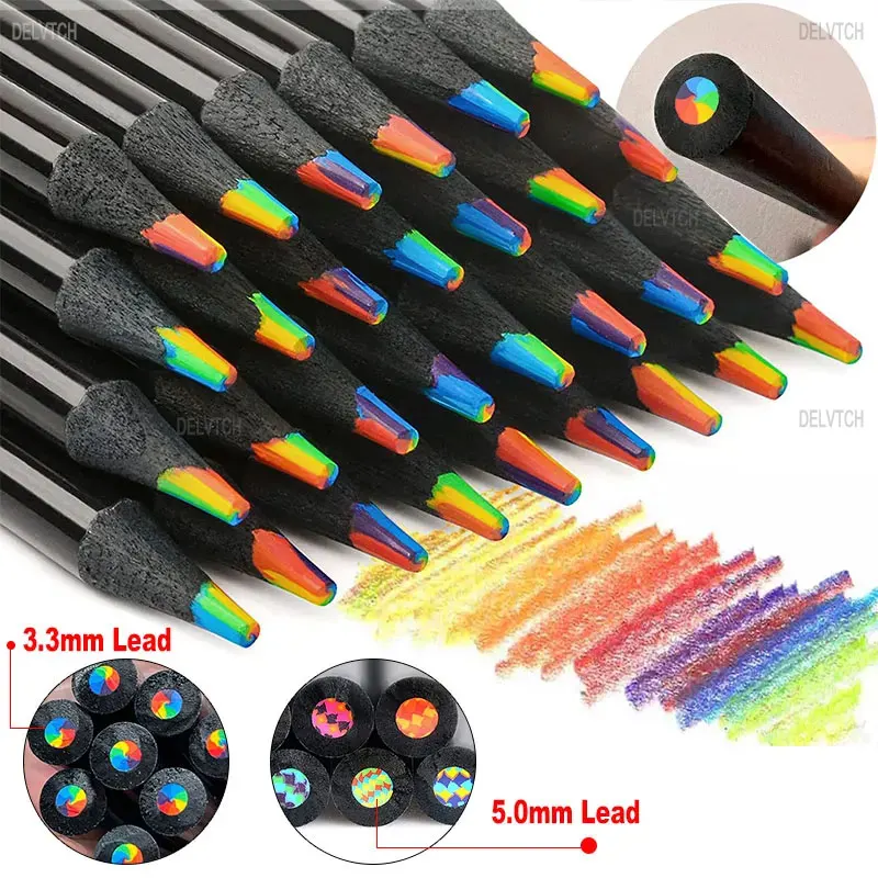 

8Pcs Set Black Wood Rainbow Colored Pencil 3.3mm 5.0mm Lead Core For Art Graffiti Marking Drawing Sketching Stationery Kids Gift