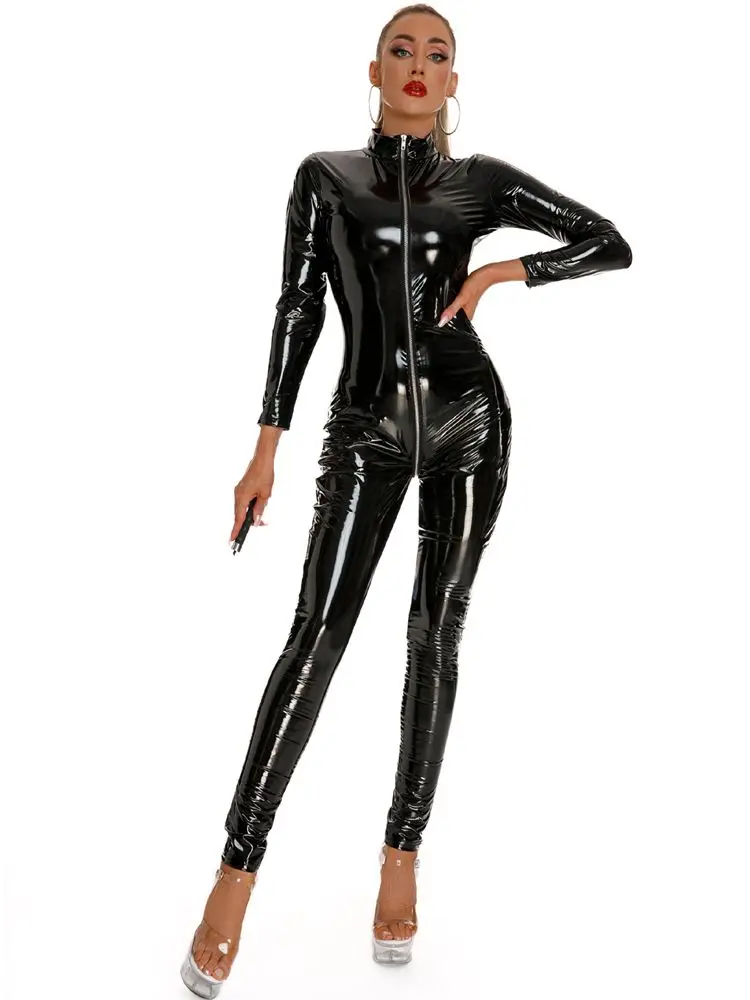 Glänzende Faux Pu Leder 3 Reiß verschluss Bodysuit mit offenem Schritt Wet Look PVC Catsuit Strumpfhose sexy Trikot verbunden Jumps uit Unitard Teddys