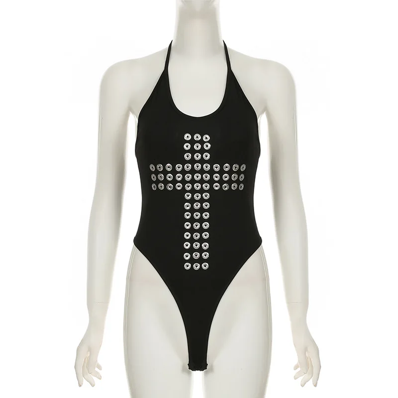 Summer Punk Cross Metal Eyelet Decor Camisole Bodysuit Women Sexy Fitted New Trendy Top Bold Edgy Style Outfit