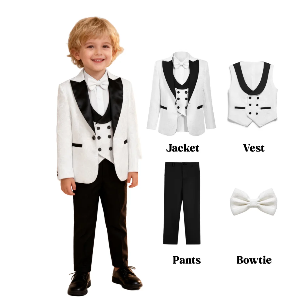 Jacquard Suit for Kids 3-14 Yrs, Wedding Suit for Boys, Pasilsey 4-Pieces Suit Set Children Communion Tuxedo Formal Suits