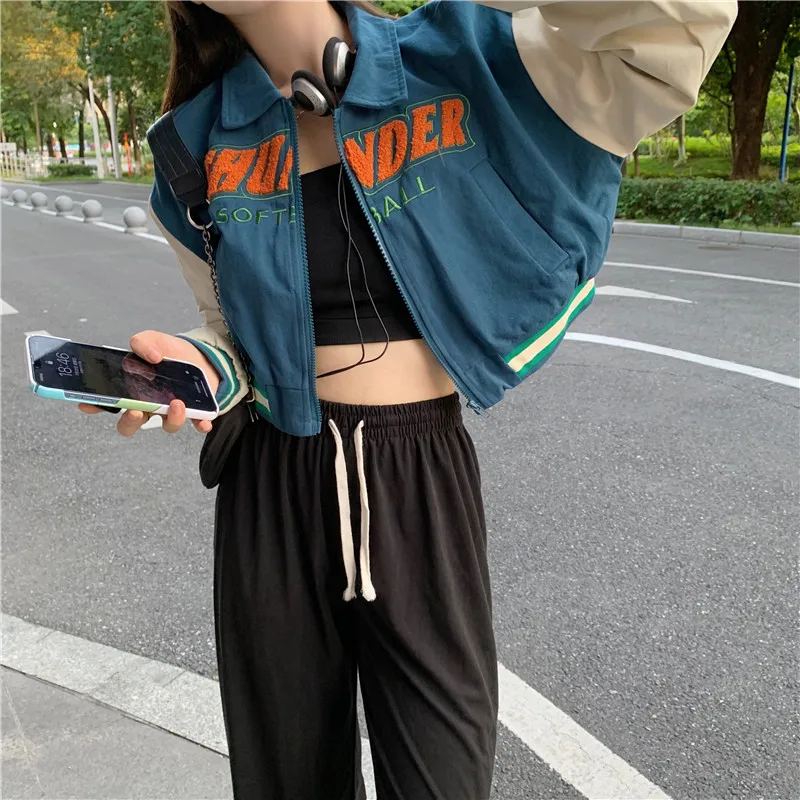 MEXZT Streetwear Frauen Retro Brief Crop Baseball Mäntel Herbst Harajuku drehen-unten Kragen BF Jacken Casual Koreanische Outwear Y2k tops