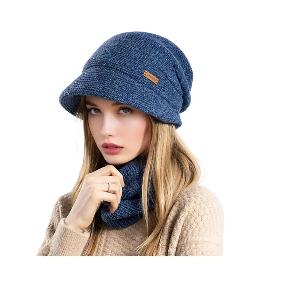 2Pcs/Set Women Winter Hat Scarf Set Solid Color Elastic Thickened Ear Protection Knitting Hat Windproof Neckerchief Set