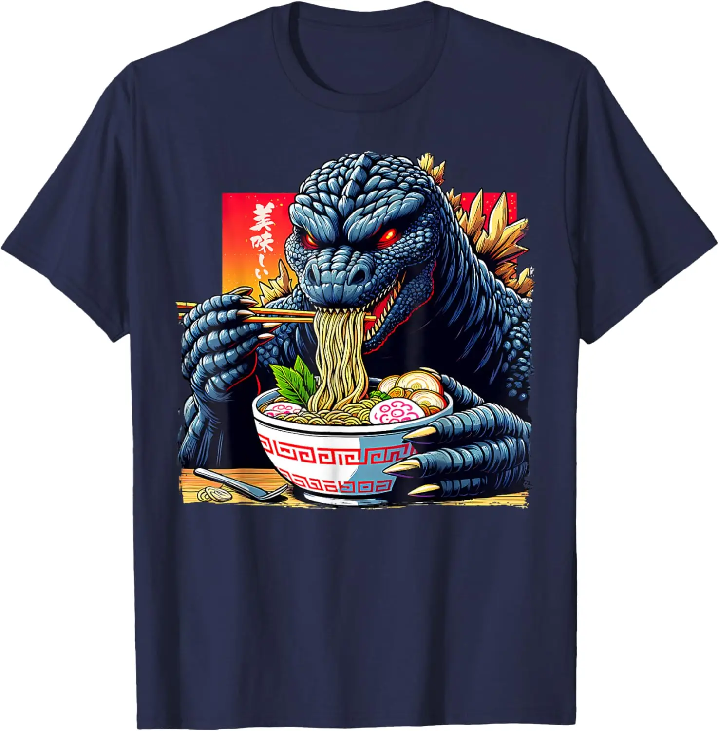 Funny Kaiju Eating Ramen Japanese Monster Lover Birthday T-Shirt S-6XL