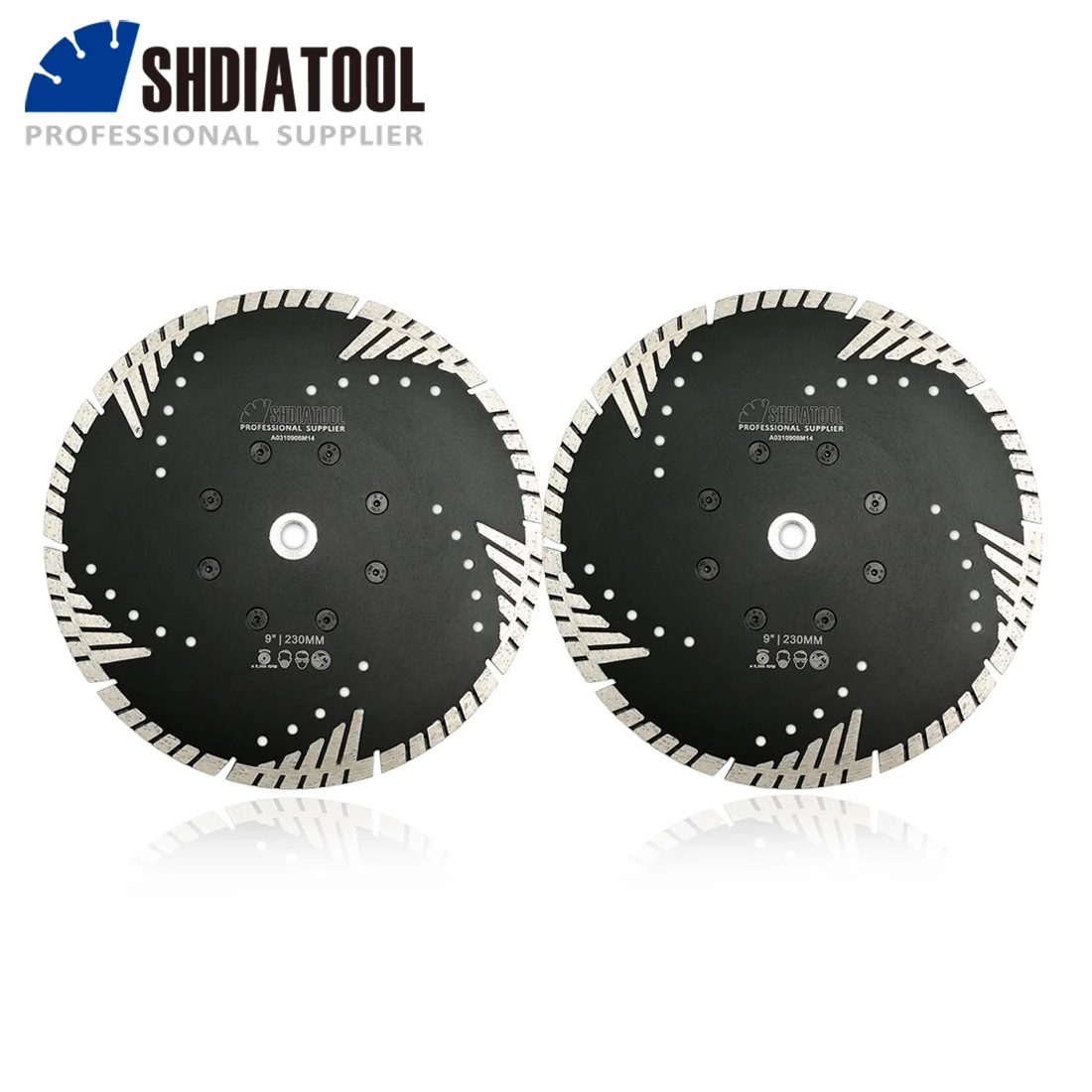 SHDIATOOL 2pcs M14 Thread 9"/230MM Diamond Saw Blades Granite Marble Cutting Discs With Slant Turbo Protection Teeth
