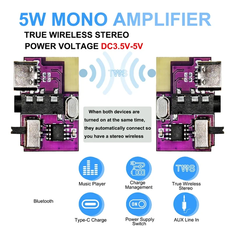 

A33T-DC3.5V-5V 5W Mono Audio Amplifier Bluetooth Decoder Board Supports TWS Pair TYPE-C Interface Electronic Component Kit