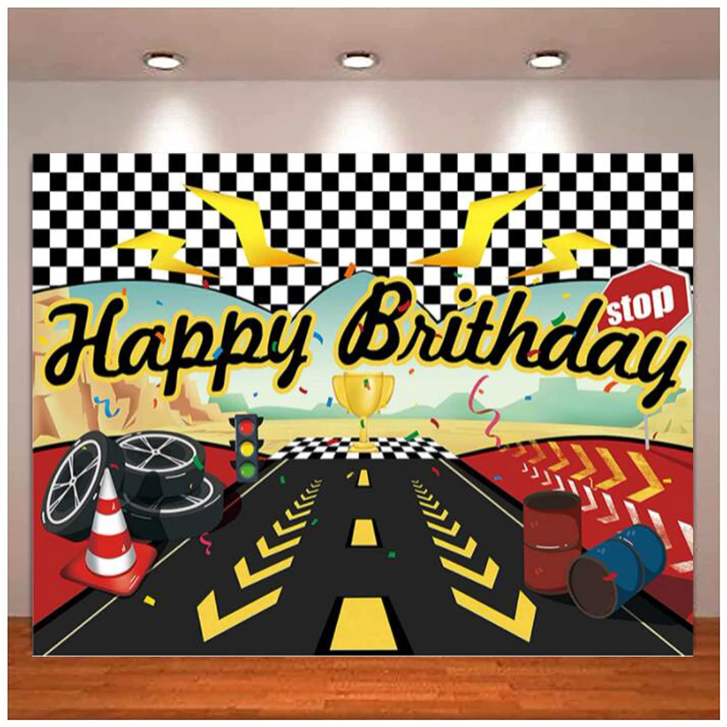 

Car Racing Track Photography Backdrop For Boy Birthday Party Tire Flag Colorful Confetti Check Decor Champion Racer Background