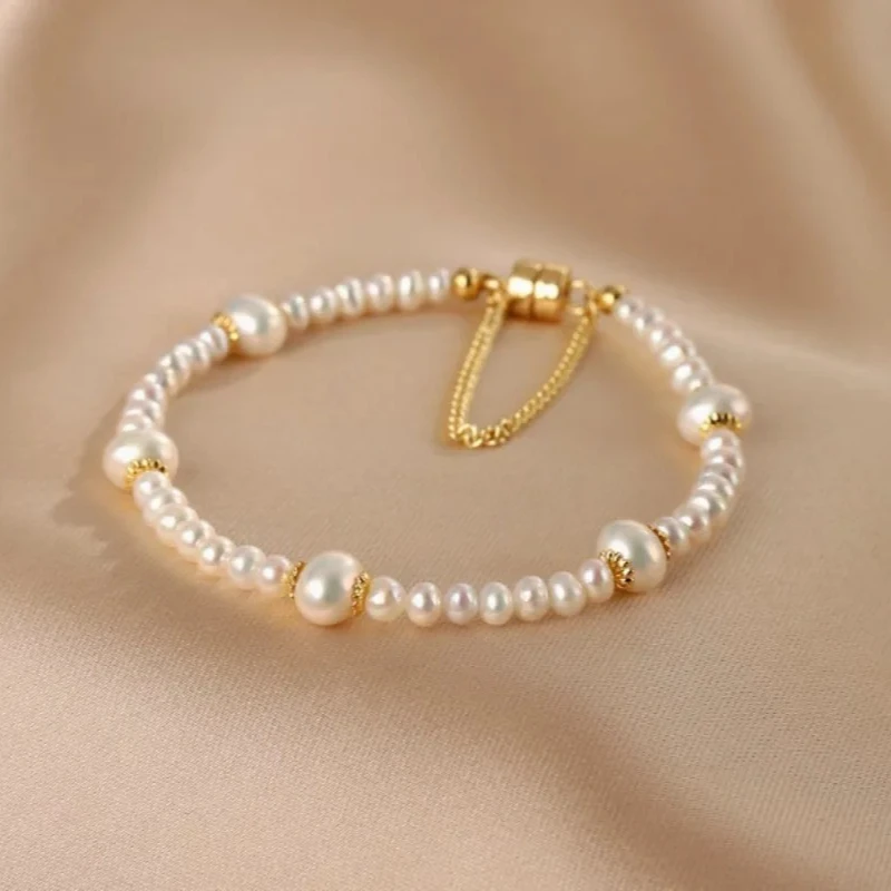 

Cultured Baroque Freshwater Pearl Magnet Chain Tassel Strand Charm Bracelets for Women Mujer 14K Gold Plated Copper Bracelet