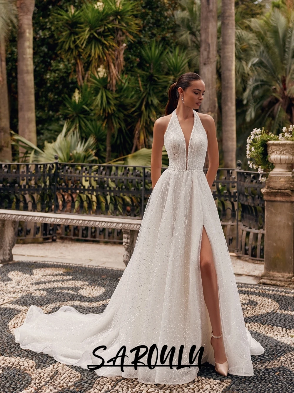 

SAROULU Dazzling Ruched A Line Wedding Dress Sexy Halter High Slit Bride Wear Chic Backless Customized Long Train Bridal Gown