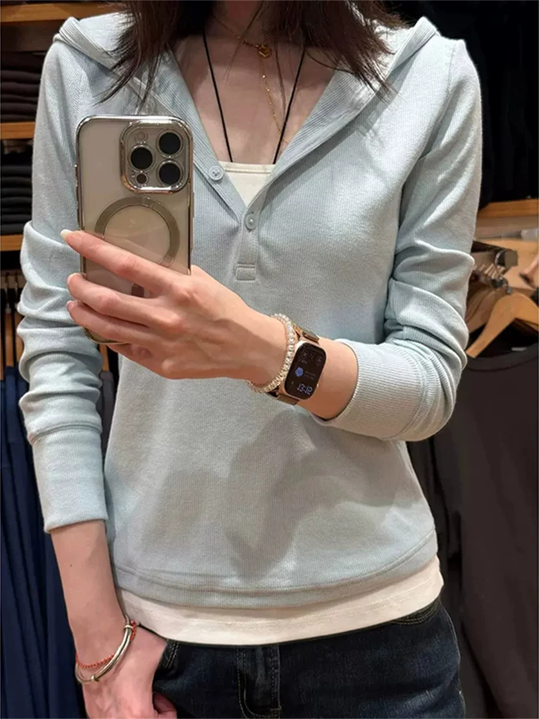 Korean Style Simple Henry Collar Long Sleeve T-Shirt Women's New 2026 Slim Fit Casual Versatile Top Sweat Absorbent Skin-Frie...