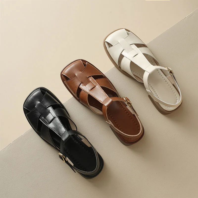 2023 Women Sandals Retro Genuine Leather Luxury Roman Sandals Casual Buckle Strap Summer Shoes GLADIATOR Thick Heel Shoes FT2282