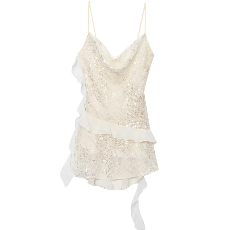 Shinny vestido de lantejoulas mulher verão 2025 novo sexy sem mangas sem costas em camadas plissado com decote em v mini vestidos clube festa vestidos de noite