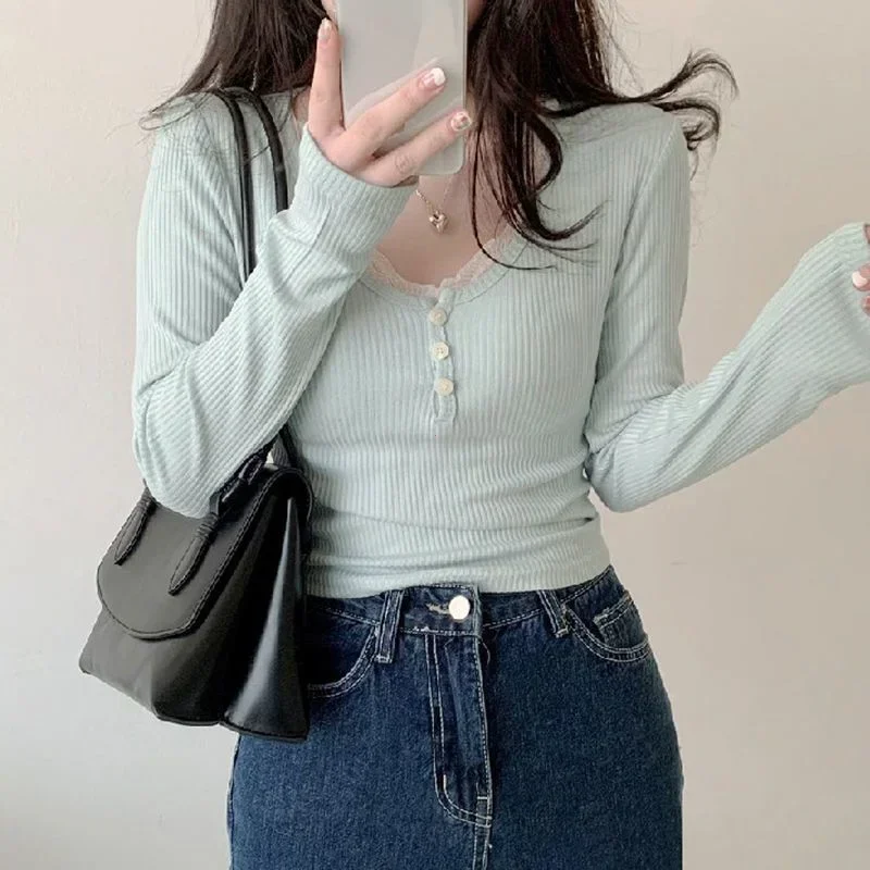 Dames T-Shirts Lange Mouw Slanke Kanten Knoop Kawaii T-Shirts Dames Y 2K Tops Casual Tees Pulovers 2024 Lente Nieuwe Vrouw Clotin