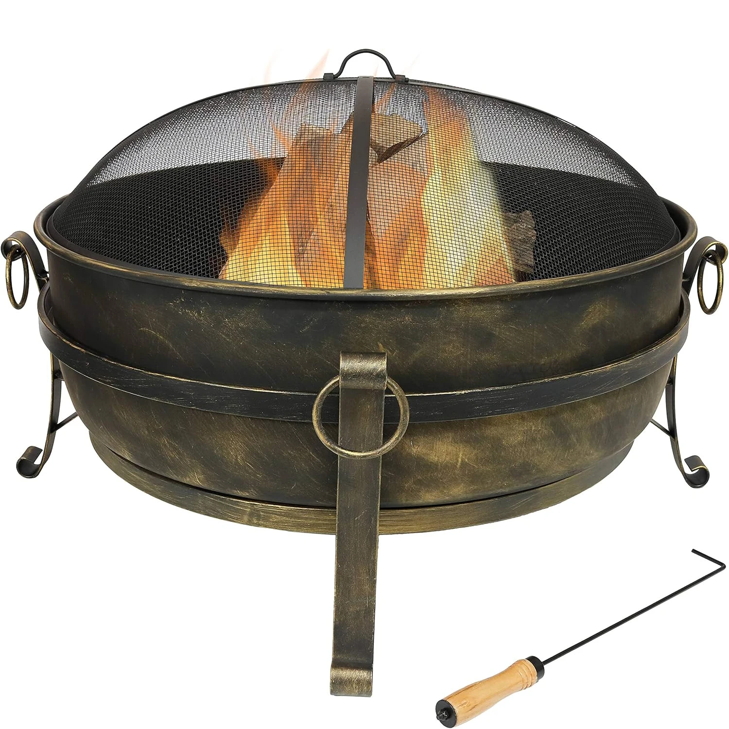 34-Inch Cauldron Style Outdoor Fire Pit Bowl with Spark Screen, Log Poker, and Wood Grate - Dark Bronze Finish