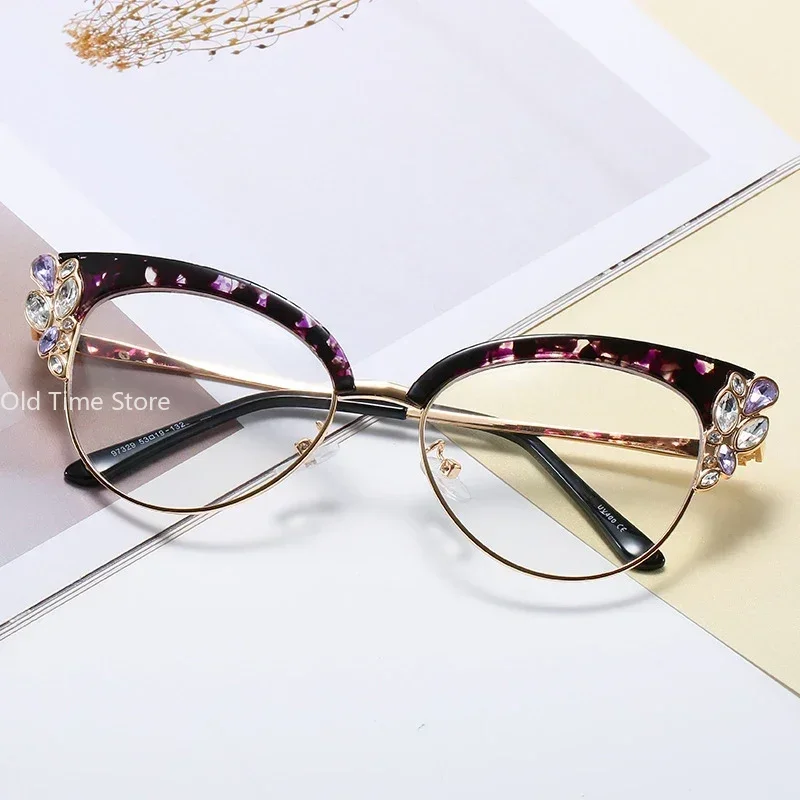 Fashion Luxury Diamond-studded Anti-blue Glasses Women Vintage Cat Eye Eyeglasses Frame Trend Personality Flat Mirror Eyewear