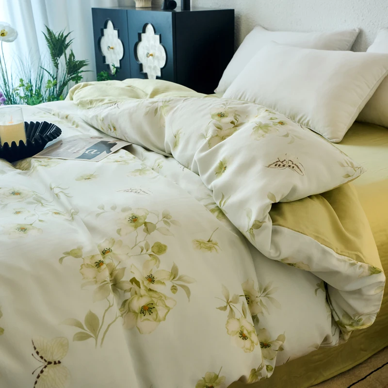 

100% Lyocell Tencel Duvet Cover 1piece Flowers Print With Zipper Beauty Floral Printing Quilt Cover King Size Blanket Cover