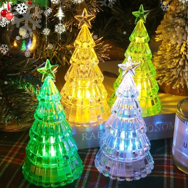 4Pcs Christmas Tree Night Light Desktop Decorations Crystal LED Electronic Lamps Xmas Glowing Luminous Home Ornaments Tabletop