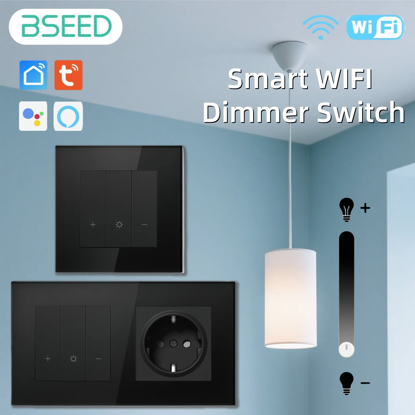 

Серия диммерных переключателей BSEED WIFI, настенные умные переключатели-клик, желтая подсветка, стеклянная рамка, переключатель приложения Tuya, розетки европейского стандарта с USB-C