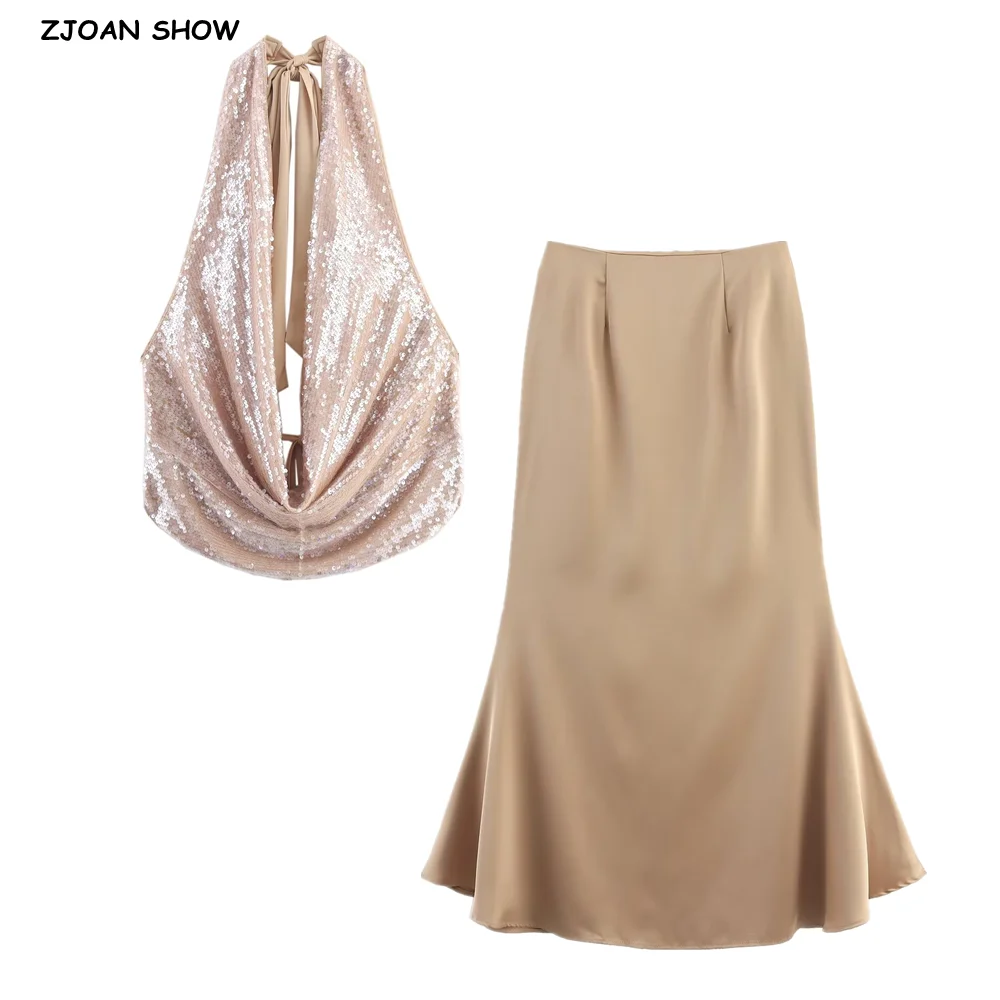 

2 шт. 1 комплект. 2025 Сексуальная яркая юбка-русалка с блестками и бисером, рюшами спереди и бантом на шее, майка с открытой спиной и застежкой-молнией на талии, длинная юбка-русалка