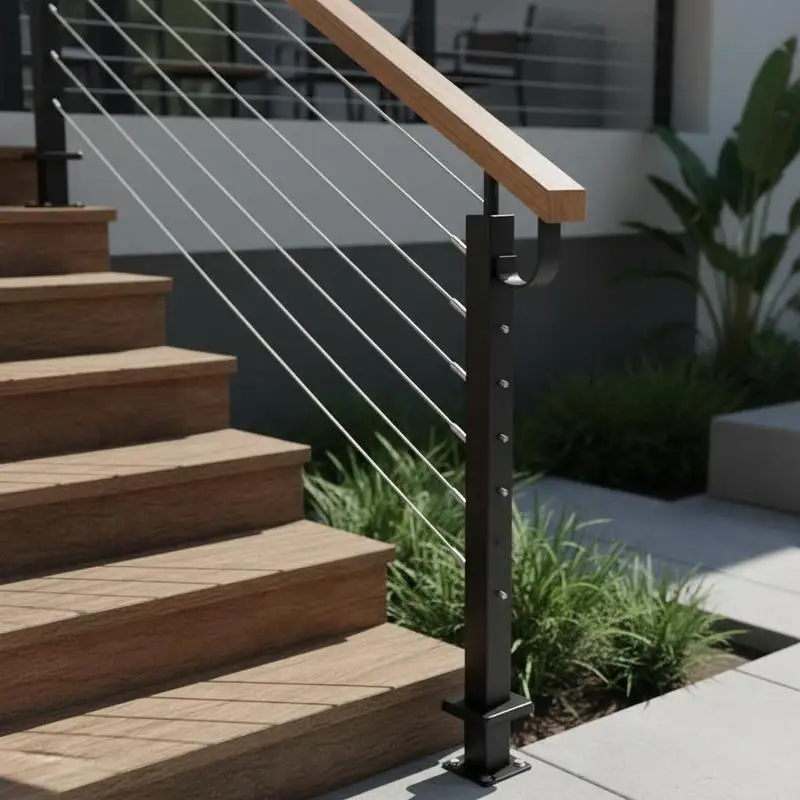 Trapleuningpaal 42x2x2 inch voor terras trappen veranda voorgeboord 30 °   Schuine horizontale gatenbeugel Metalen baluster Zwart 1 verpakking