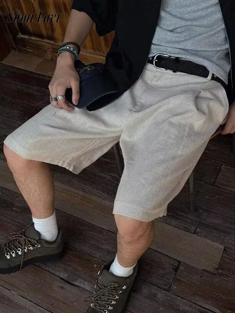 

Streetwear Casual Mens Loose Linen Shorts Summer Fashion Simple Solid Color Shorts Men Daily Leisure Knee-length Straight Shorts