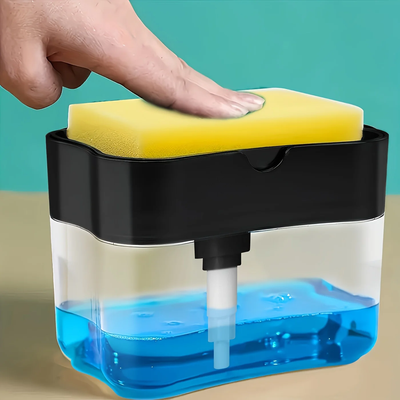 Dishwashing soap dispenser with sponge rack, manual operation, dishwashing liquid press, suitable for kitchen sink